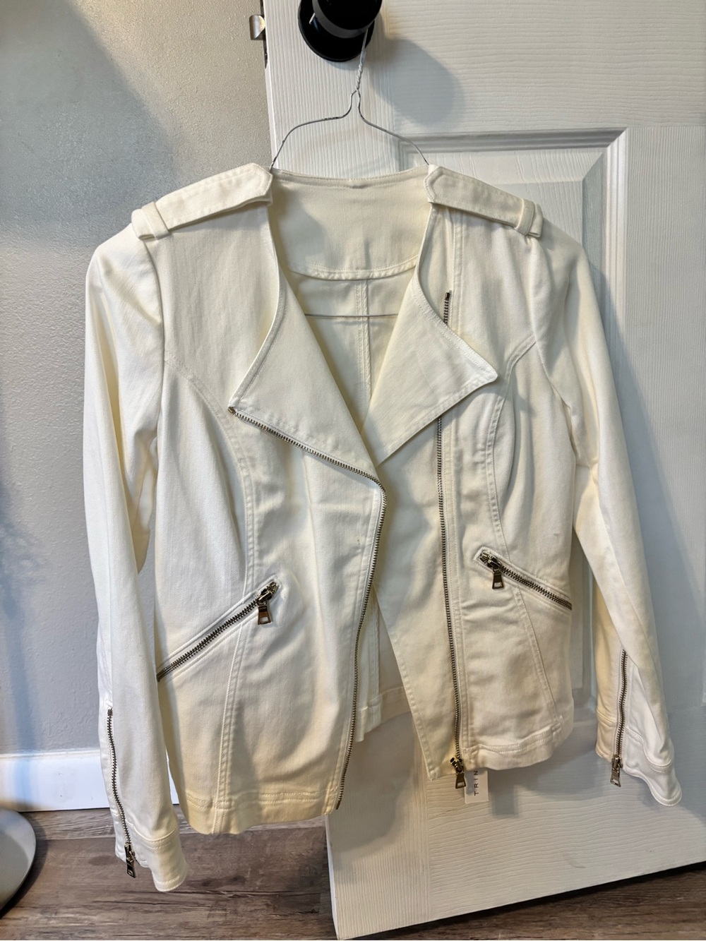 Trina Turk Cream Asymmetric Moto Jacket with Silver Zippers